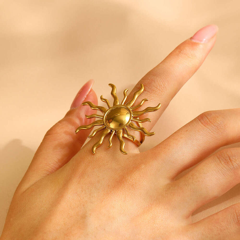 Exaggerated Personality Wrinkle Texture Flower Sun Heart Open Index Finger Stainless Steel Ring for Women