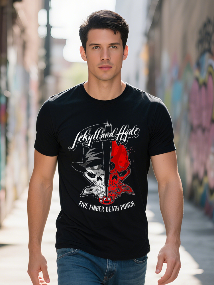 FDP Jekyll and Hyde Graphic T-Shirt for Men Plus Size L XL Black Cotton Casual Tee with Text Design Short Sleeve