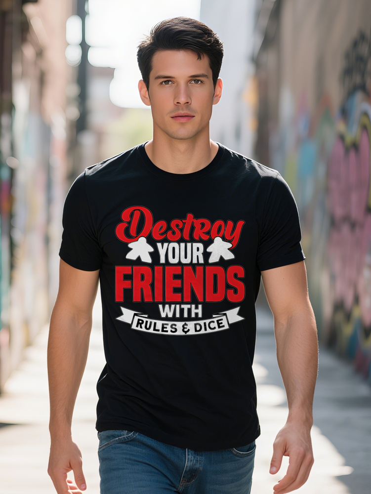 S Crew Neck T-Shirt Destroy Your Friends with Rules Dice Print Black Tee Perfect Gift for Men Summer Casual