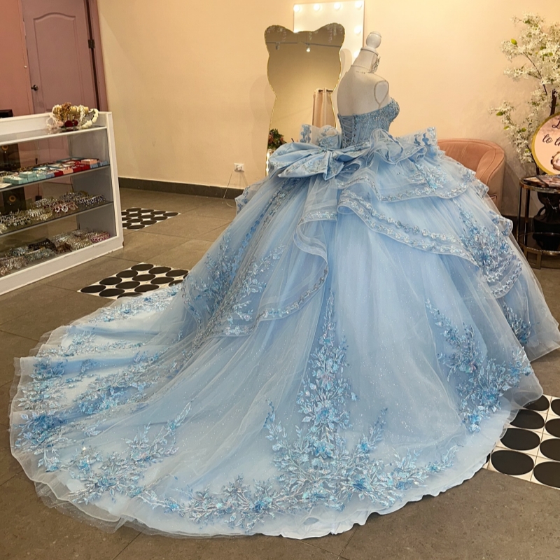 Sky Blue Shiny Quinceanera Dresses Off The Shoulder Applique Lace Beads Bow Tull Party Birthday Ball Gown Vestidos De 15 Anos Sweet 16 Dress