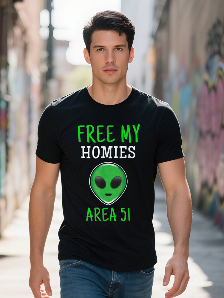 Free My Homies Area Funny Alien T-Shirt Black Cotton with Green Print Plus Size L XL Casual Design for Men