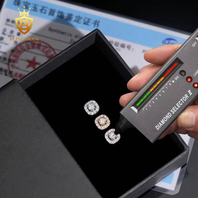 New Arrival VVS1 Lab Grown Diamond Full Diamond Earring 925 Sterling Silver Gold Plated Hiphop Style for Unisex GRA Certificate