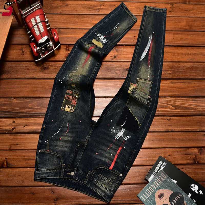 Mens Jeans Autumn and Winter Slim-Fitting Small Straight Elastic Trend American Patchwork Retro Denim Nostalgic Trousers X250812