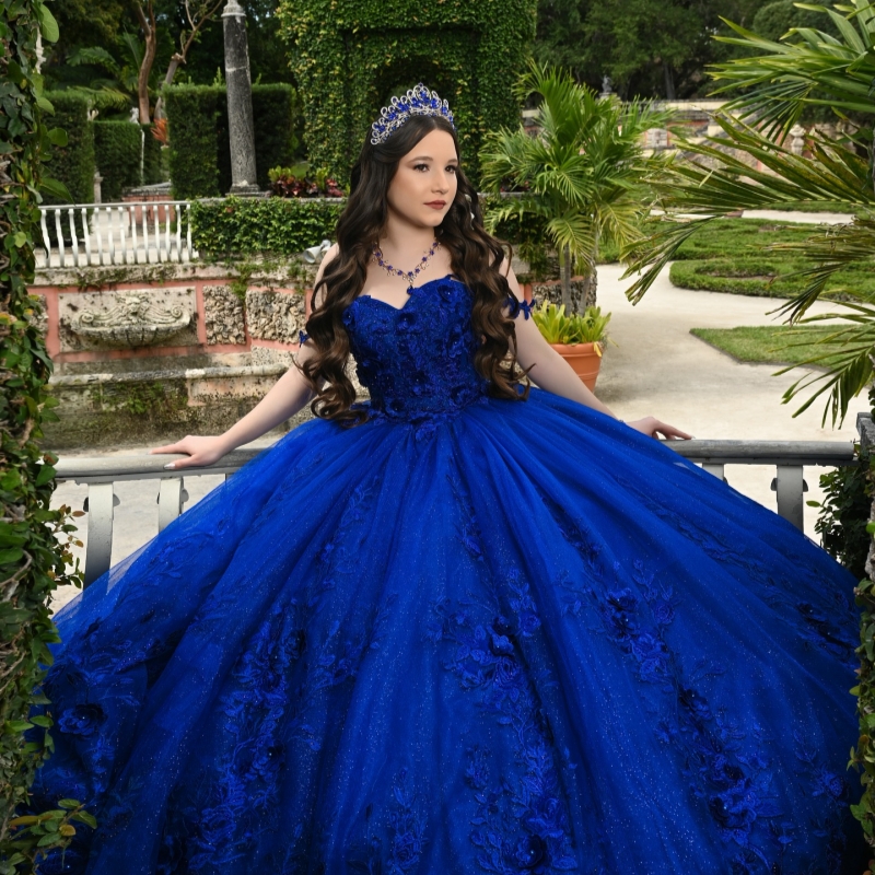 Royal Blue Shiny Quinceanera Dresses Off The Shoulder Applique Flower Beads Tull Party Birthday Ball Gown Vestidos De 15 Anos Sweet 16 Dress
