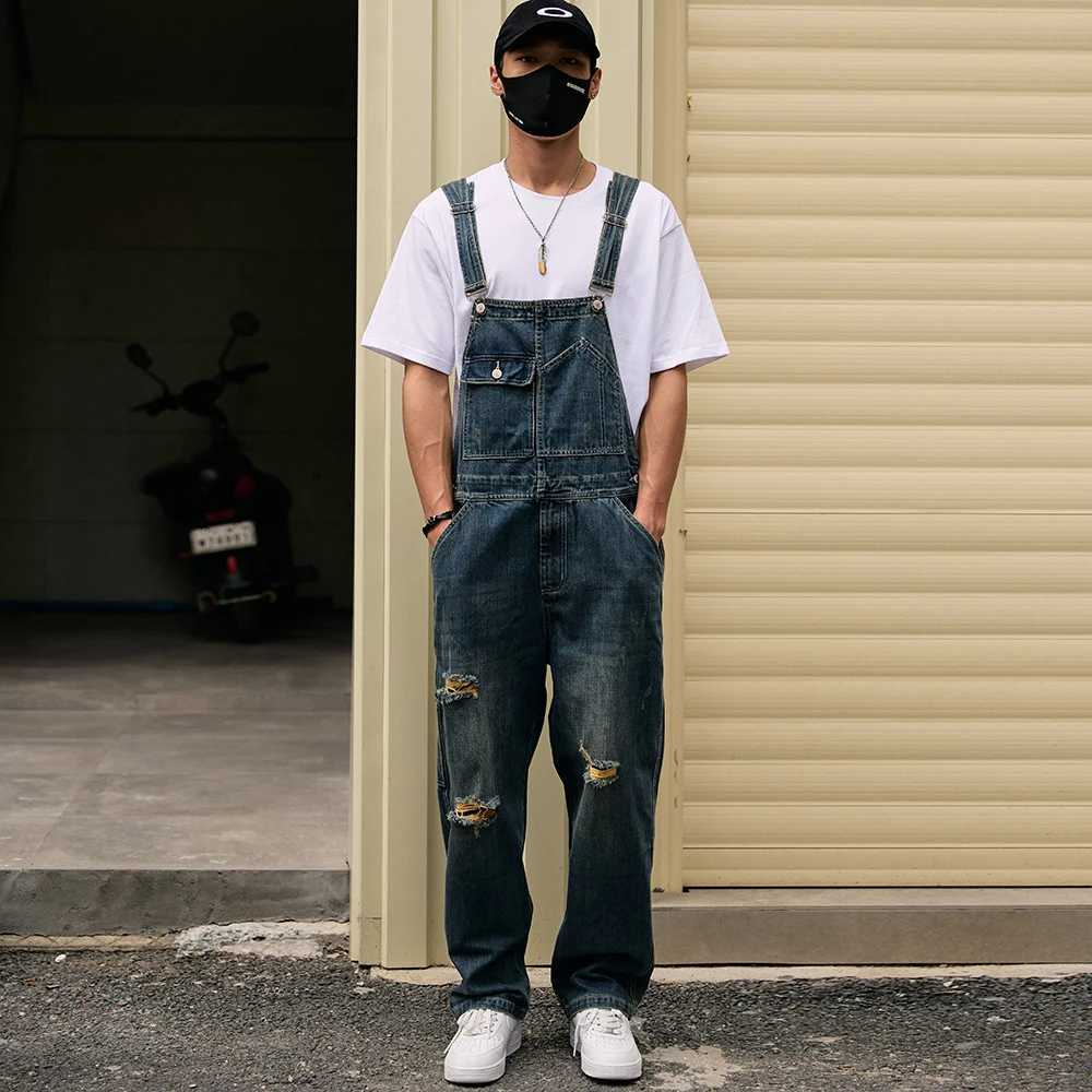 Men Loose Holes Ripped Denim Bib Overalls Pockets Distressed Blue Jeans Adjustable Suspenders Jumpsuits Coveralls Dungarees X250812