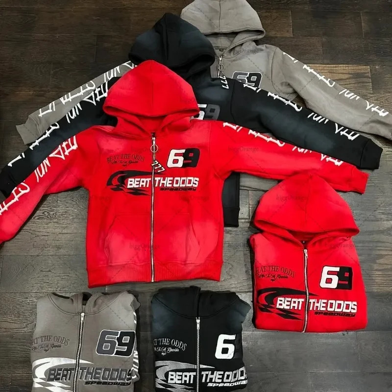 Harajuku Colorful Zipper Hoodie Punk Retro Letter Print Casual Oversized Sweatshirt Couple Hiphop Trendy Streetwear Jacket Men 250808