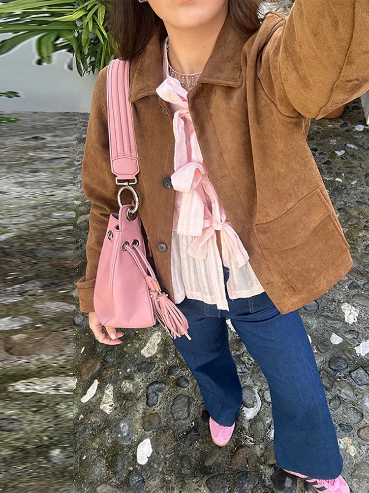 Vintage Brown Suede Jacket for Women Single Breasted Turn-down Collar Blazer with Pocket Casual Office Outerwear Autumn 2025 250811