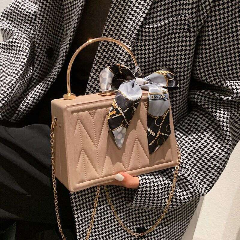 2025 Korean Square Box Bag - Scarf-Detailed Shoulder Purse For Women, Pleated Crossbody With Chain Strap, Elegant Handheld Clutch