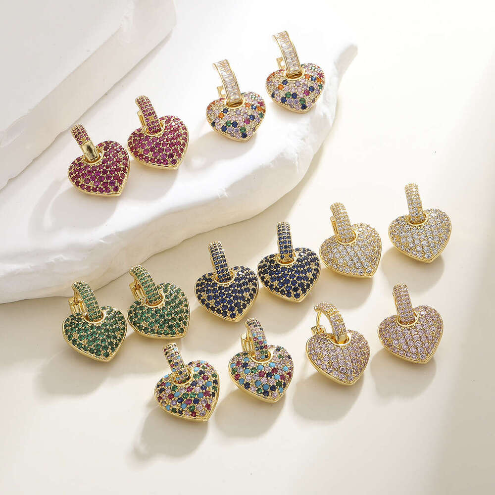 Light High-End Feel Elegant Colorful Zircon Heart-Shaped Love for Women Peach Heart Drop Earrings Ear Clips