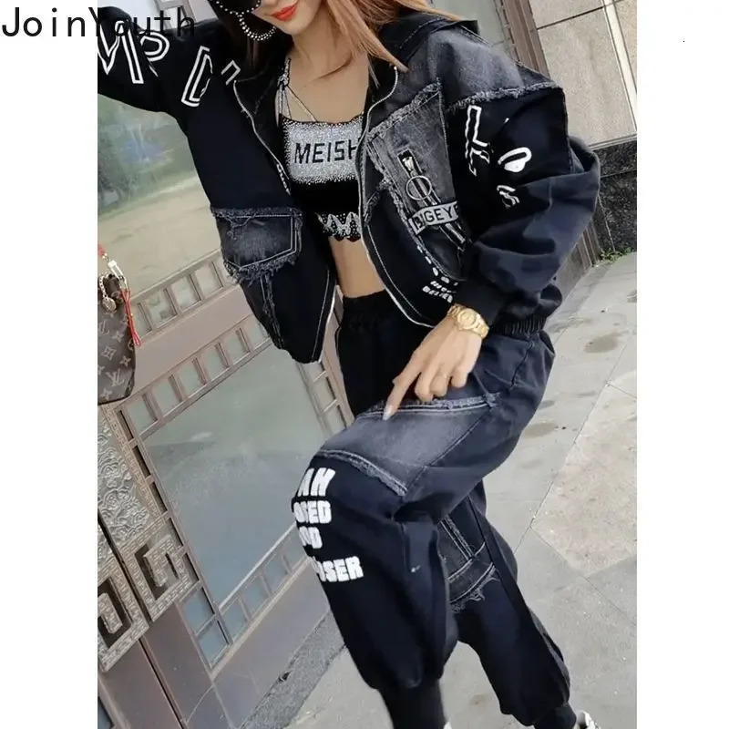 Womens 2 Piece Clothes Sets Fashion Jeans Denim Coat Clothes Oversized Hooded Jacket Pants Outfits Korean Women Two Piece Set 250808