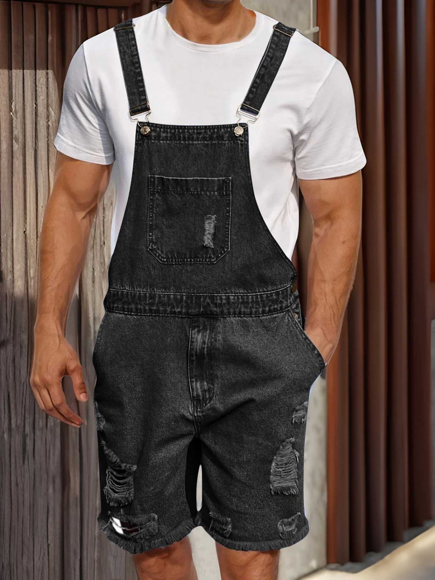 Men s Distressed Denim Overall Shorts Sleeveless Solid Color Loose Fit Jumpsuit for Casual Summer Wear X250812