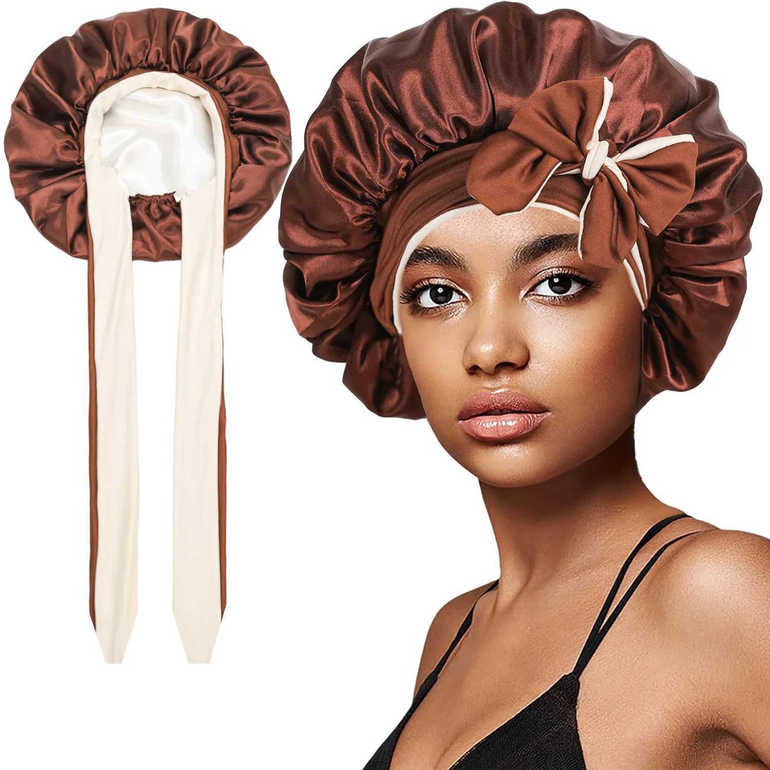 Women Double-layer Satin Sleep Cap Elastic Tie Band Night Shower Cap Adjustable Hair Head Cover Bonnet XJ250812