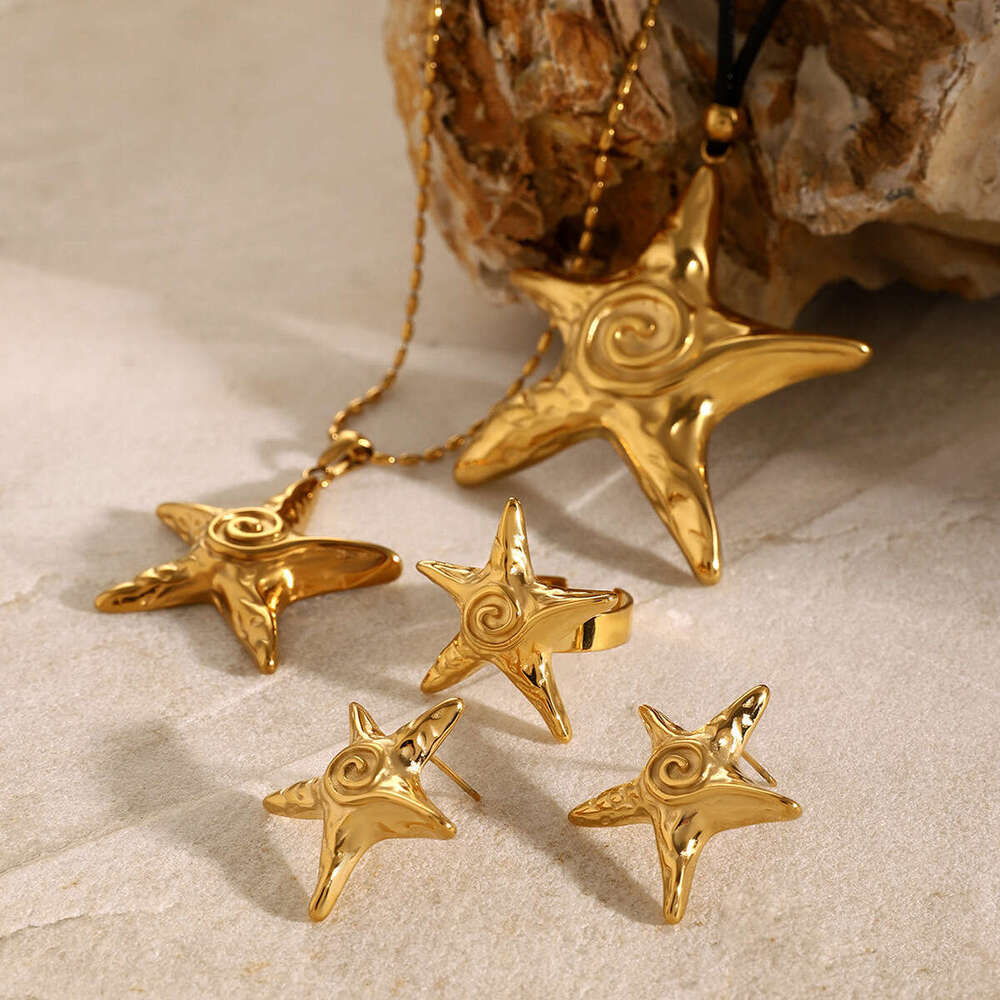 INS Gold Stainless Steel Five-Pointed Star Swirl Spiral Hoop Earrs Fashion Designer Same Jewelry Style Starfish Necklace