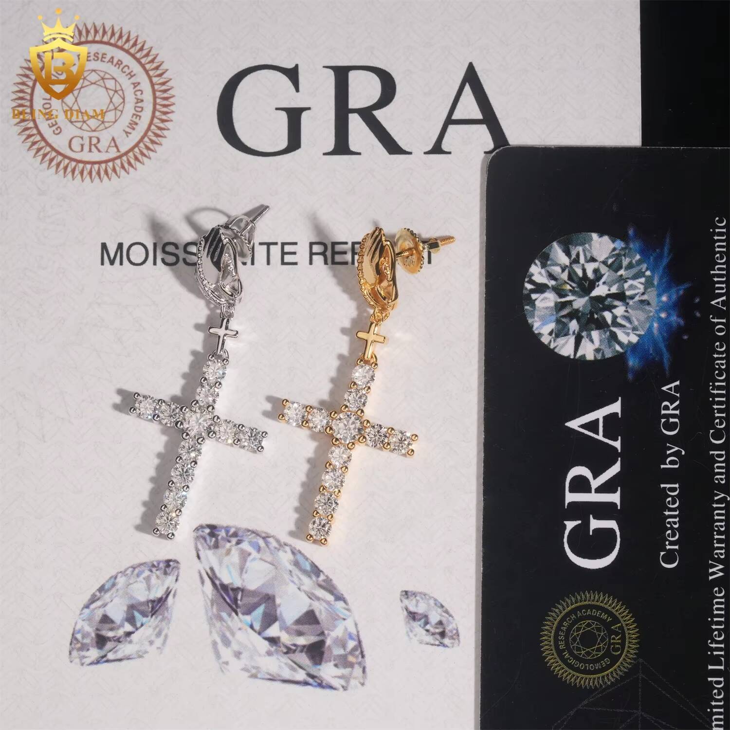 New Arrival Pass Diamond Tester VVS Moissanite 925 Sterling Silver Iced Out Cross Earrings
