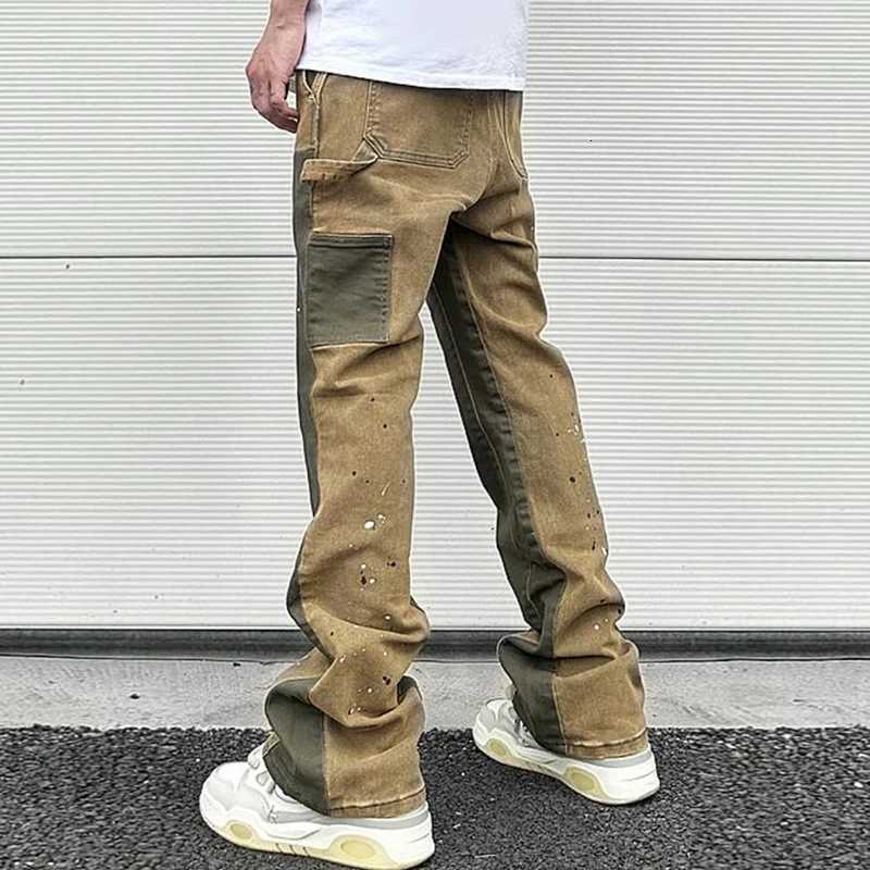 High Street Spliced Speckled Ink Micro Flare Pants for Men Cleanfit Casual Washed Baggy Straight Denim Trousers Y2K Jeans X250812