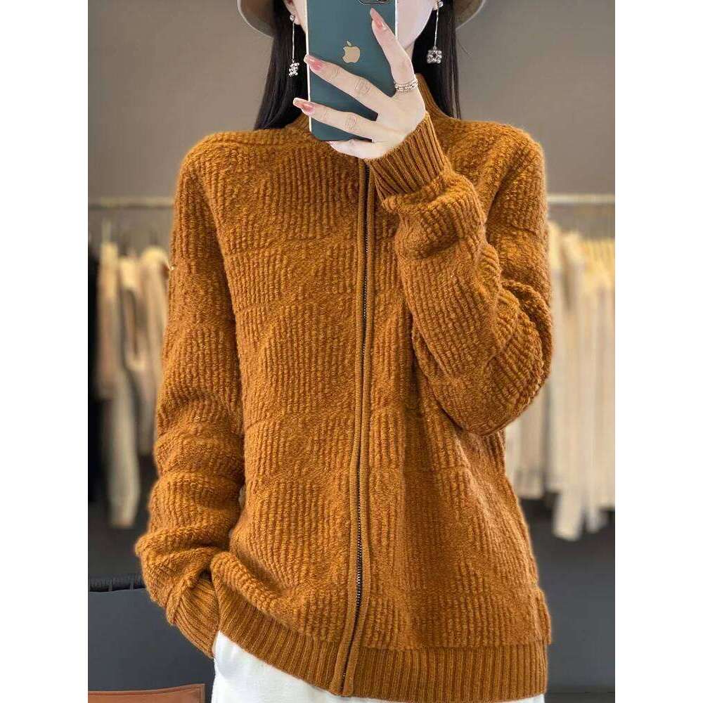 Women's 100% Pure Wool Cardigan Sweater Autumn Winter Half High Collar Zipper Kintwear Long Sleeved Loose Cashmere For Outerwear 20250811