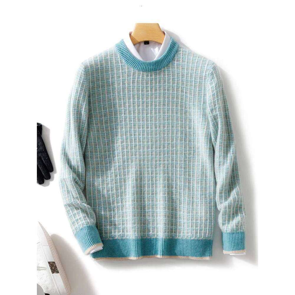 Men Pullover O-Neck Sweater Cashmere Autumn Winter Checkered Jacquard 100% Merino Wool Knitwear Long Sleeve Clothing Tops 250812