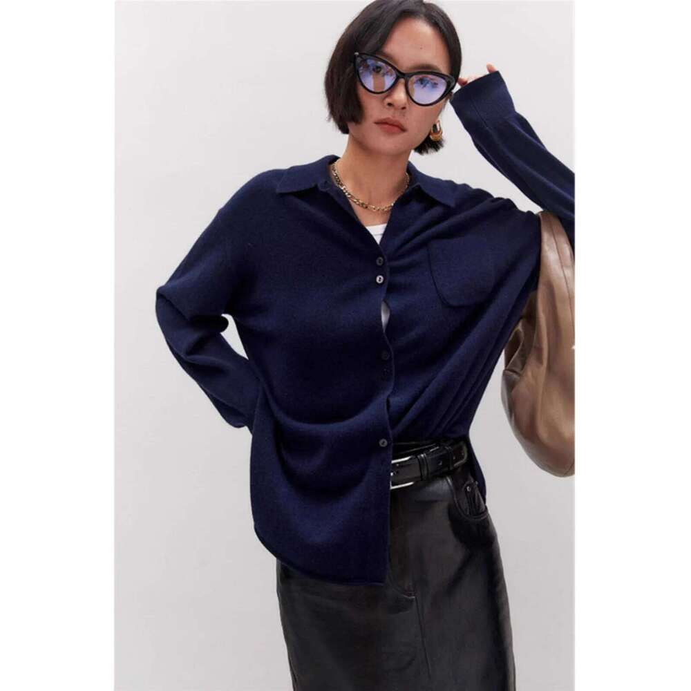 Europe Station Loose Mid-Length POLO Collar 100% Cashmere Knit Cardigan Women's Spring And Autumn Large Size Lapel Sweater 20250811