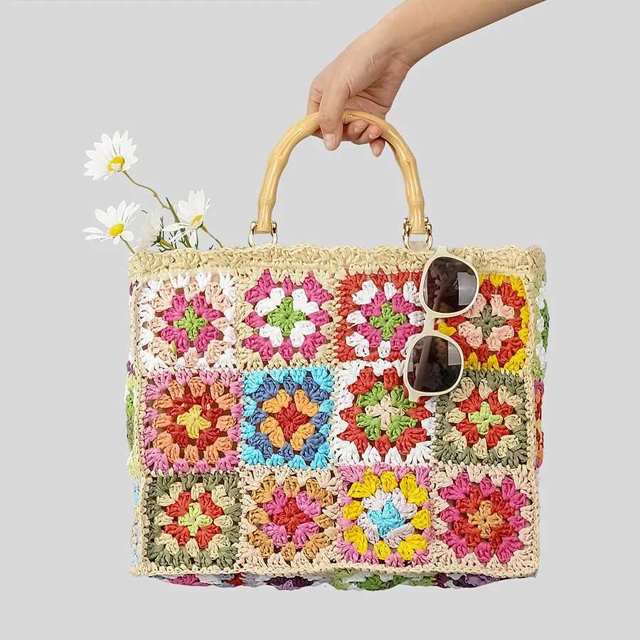 Bohemian Granny Square Straw Tote Bag Bamboo Handle Weave Women Handbags Casual Handmade Summer Beach Bags Large Capacity Purses Z250812