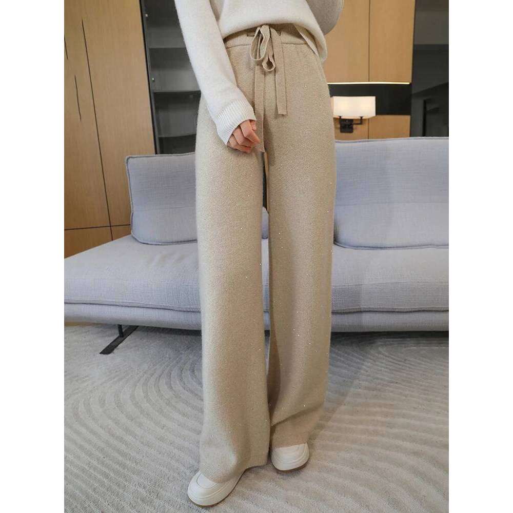 100% Merino Wool Wide Pants Women Autumn Winter Gold And Sier Silk Bead Knitted Narrow Version Straight Leg Casual Trouser 20250811