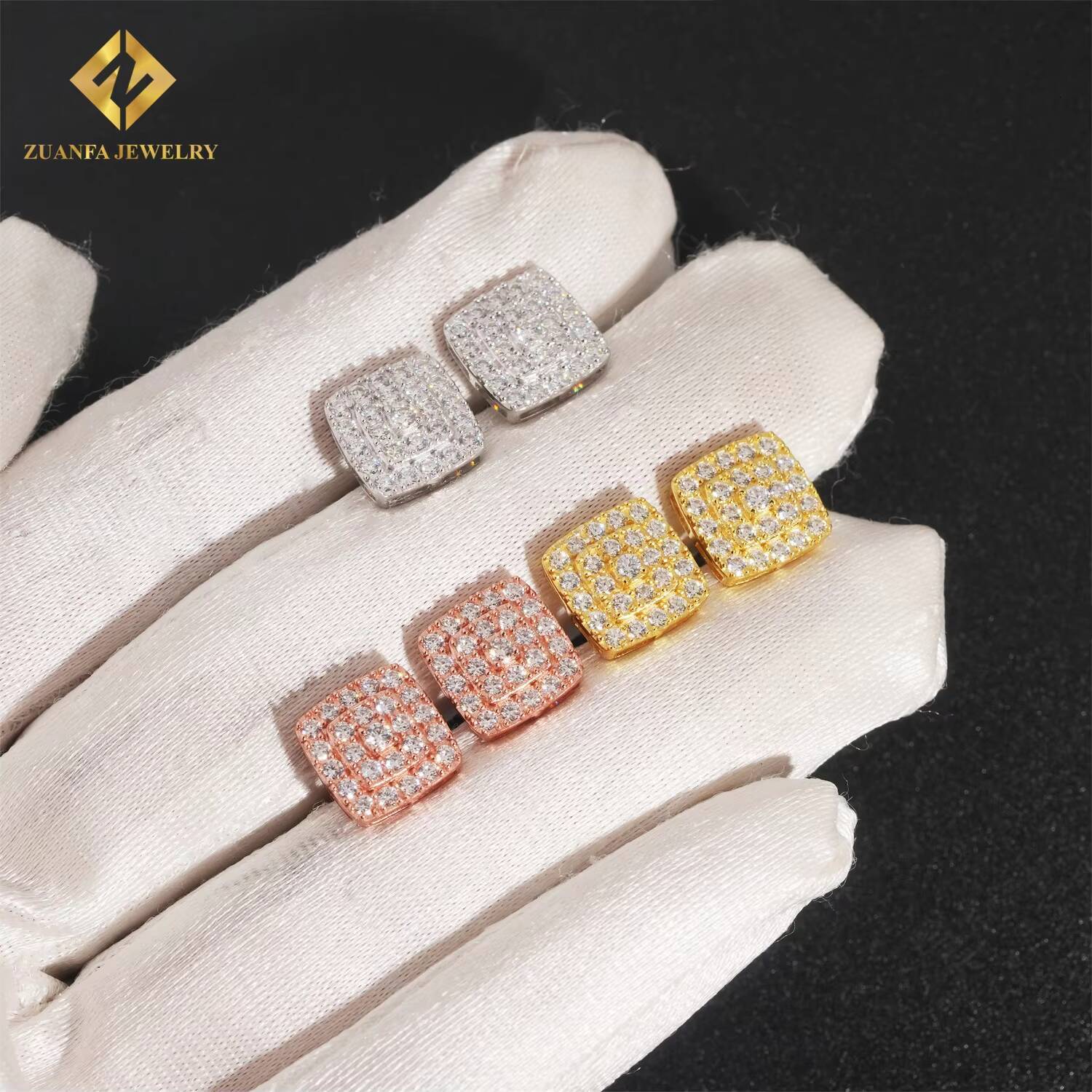 RTS Luxury 925 Silver 3Rows VVS Moissanite Square Hip Hop Jewelry Screw Back Earrings Iced Out Diamond Ear Studs Unisex