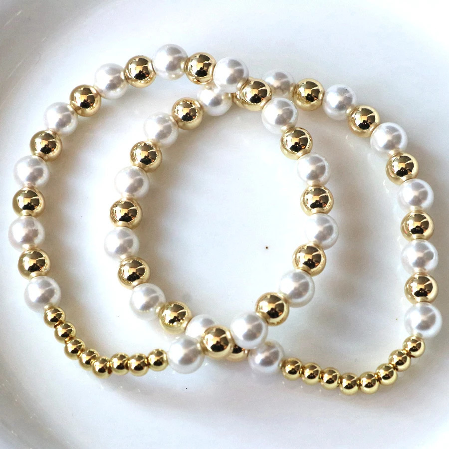10Pcs Shell Pearl Bracelet 18K Gold Plated Beaded Elastic Bracelet for Women Jewelry 250807