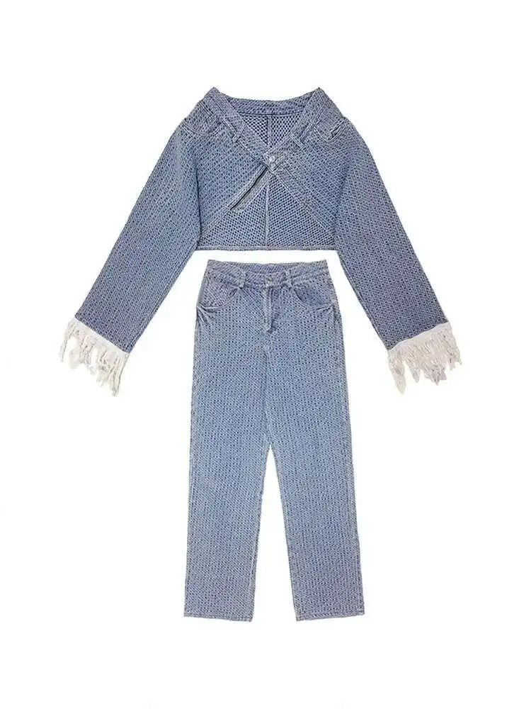 DEAT 2025 Spring Items Long Tassel Sleeve Single Button Denim Short Jacket High Waist Full Jeans Two Piece Set Women MK359 250808