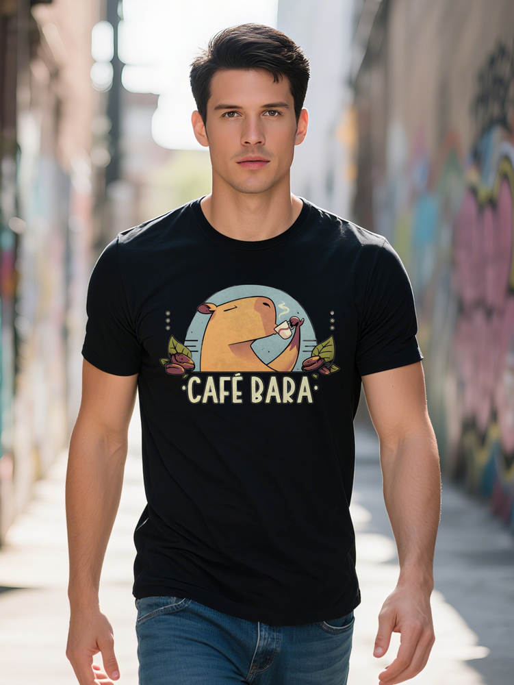Men s Casual Crew Neck T-Shirt Capybara Cafe Print Black with Colorful Illustration Lightweight Perfect Gift for