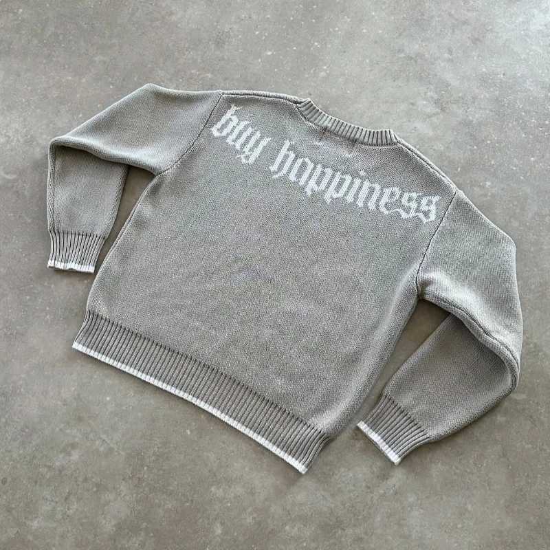2K Gray Long Sleeve Sweater Dollar Gothic Embroidery Pullover Goth Retro Casual Streetwear Old Money Men Boxy Knitted Clothing X250812