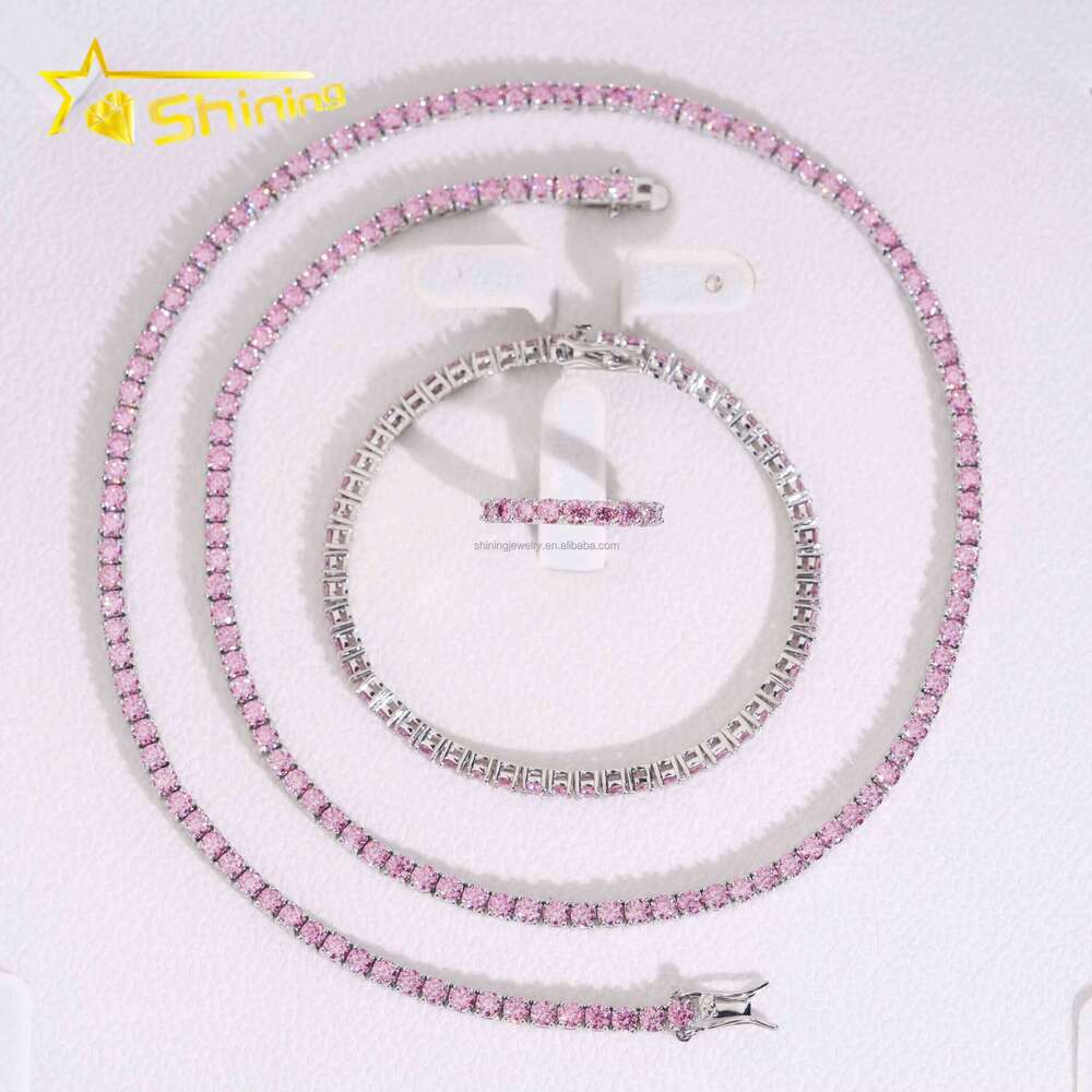 New Hip-Hop Fashion Jewelry Pink Moissanite Sterling Sier Iced Tennis Chain Bracelet