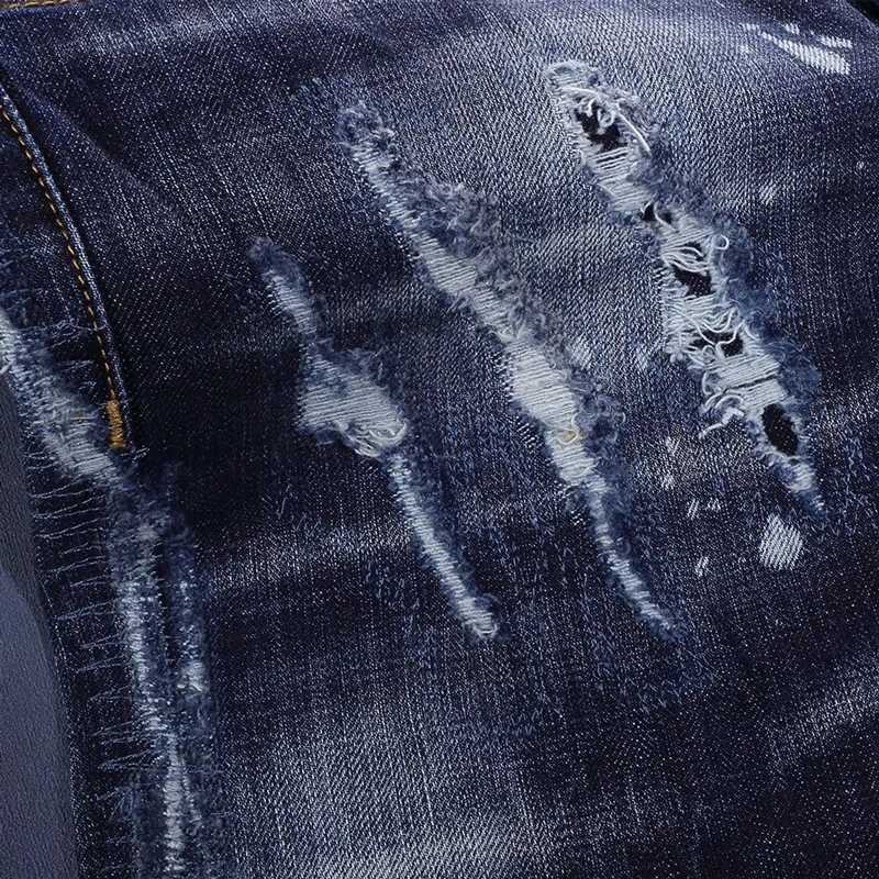 Fashionable mens deep blue jeans with scratches washed water nostalgic stretch slim fit painted jeans designer high street X250812