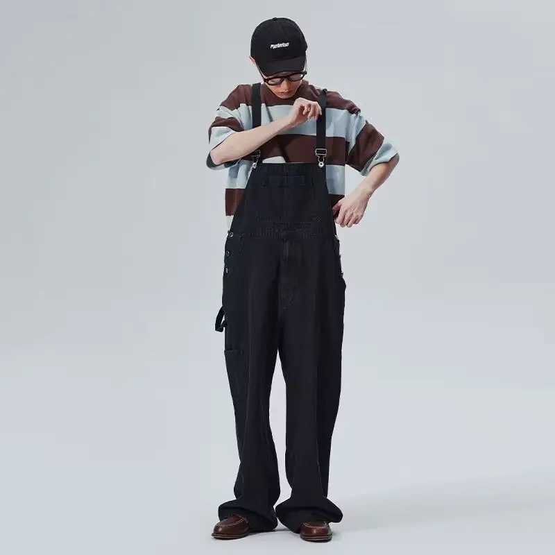 2025 Mens Denim Overalls Loose One-Piece Suspenders Tooling Wide Legs Straight Jeans X250812