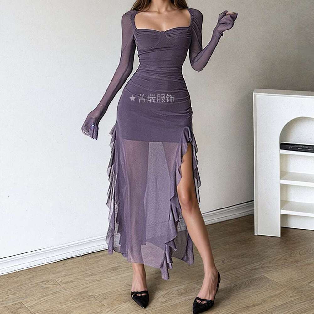 Women's Irregular Spring Ruffle Solid Color Mesh Sexy Slit Long Sleeve Dress