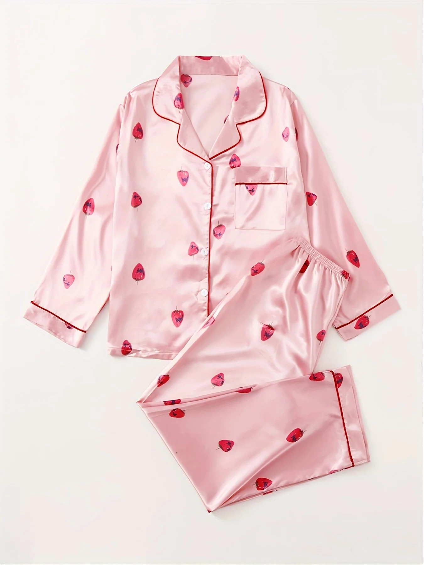 Strawberry Pattern Satin Long Sleeve Tops Pants Pajama Set For Valentines Gifts 250811
