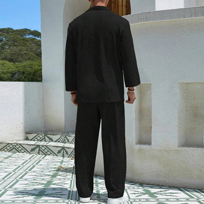 Daily Casual Mens Long Sleeve Two Piece Sets Fall Fashion Solid Color Texture Loose Polo Shirt And Pants Suits Men Outfits 250811