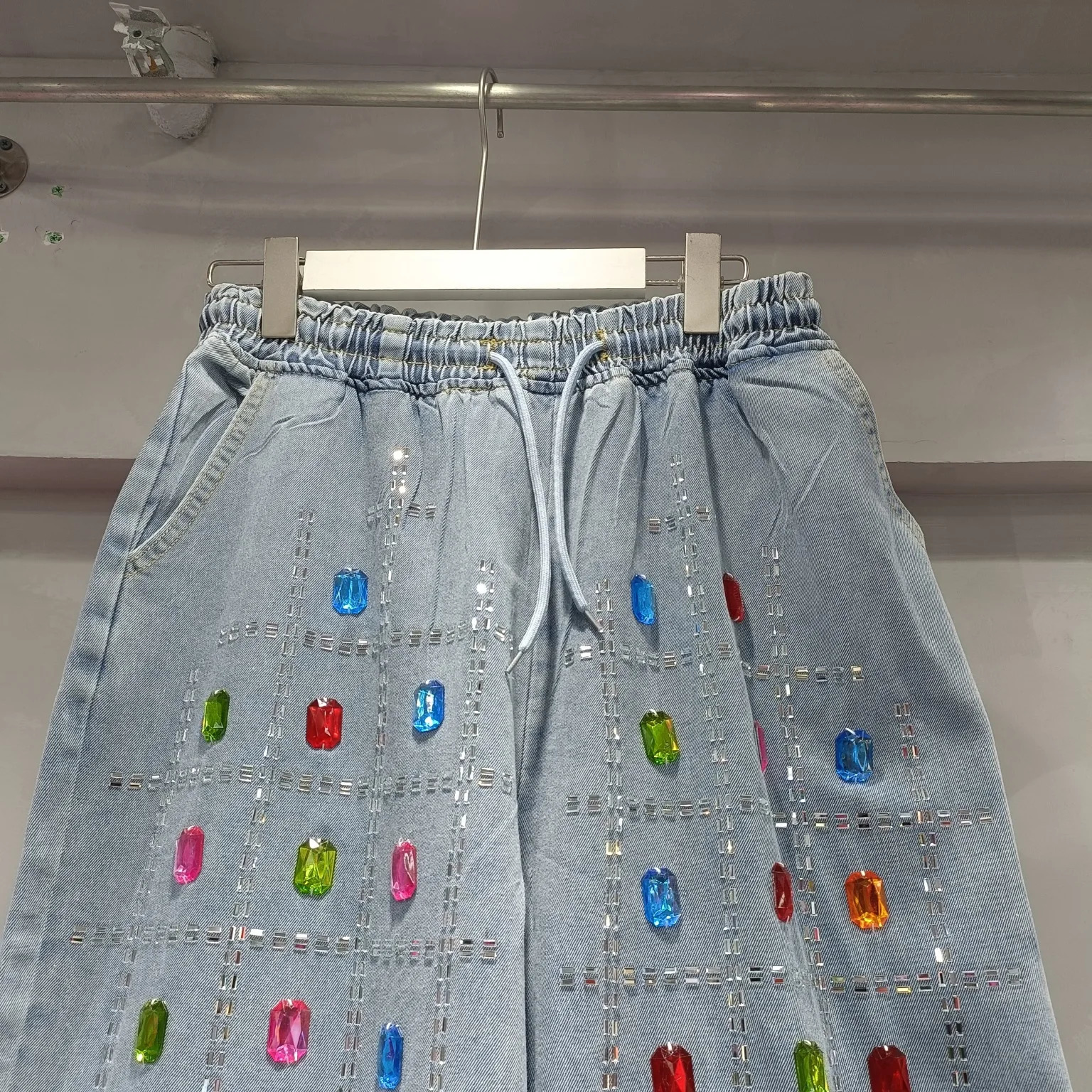 Spring Womens Rainbow Diamonds Denim Blouses Cow Plaids Drilling Shirts Coat Wide Legs Denim Pants Jeans Trousers 2Pcs Set 250808