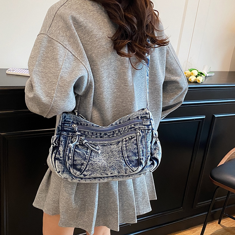 New Lazy Style Washed Denim Single Shoulder Crossbody Bag, Casual Versatile Women's Bag