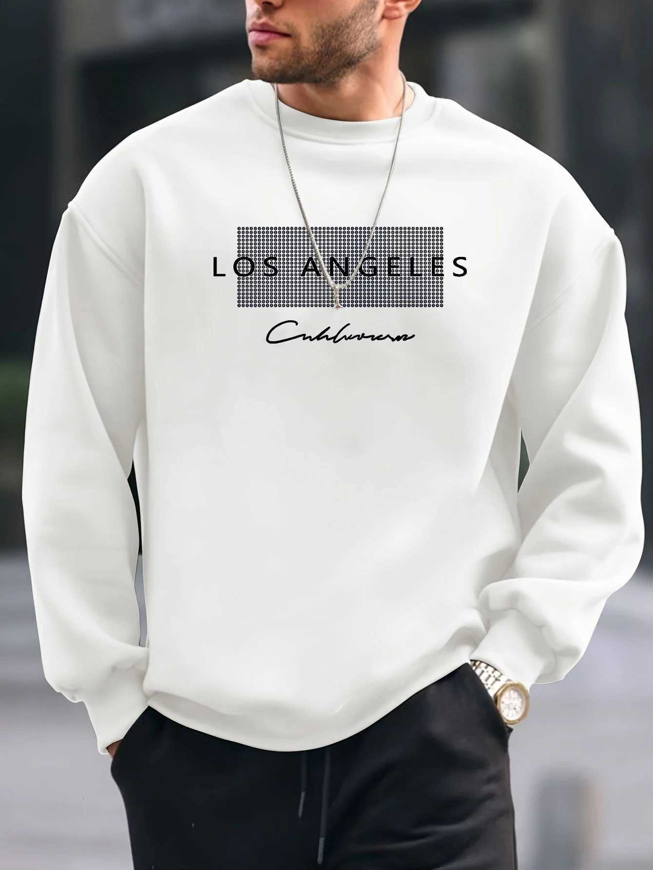 Mens autumn and winter fashionable casual loose Los Angeles letter printed fleece pullover round neck long sleeved sweatshirt Y250811