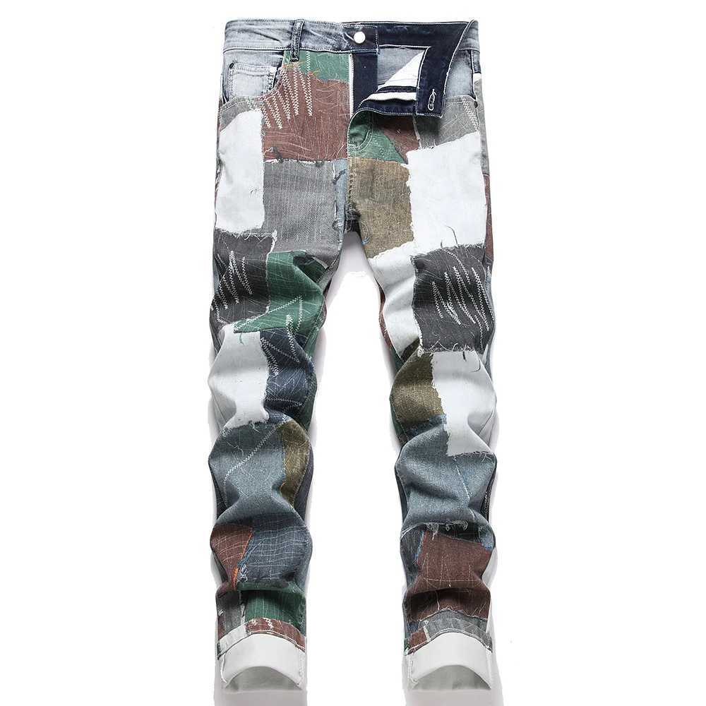 3D Printed Denim Jeans Fashion Patchwork Colored Painted Pants Cotton Slim Straight Trousers X250812