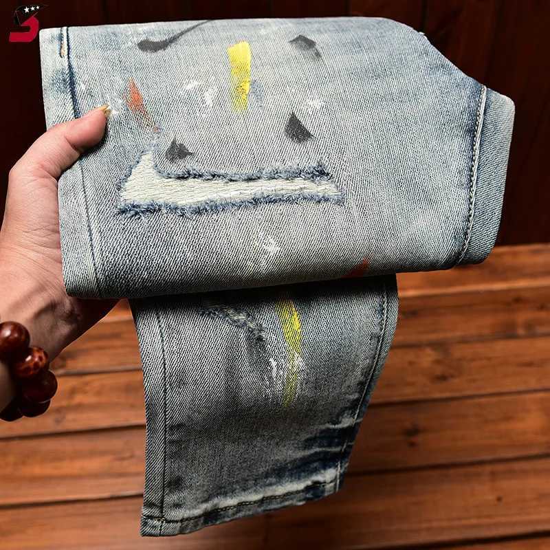 Autumn Winter High-End Trendy Brand Mens Jeans High Street Ripped Patch Ink Splash Print Fashion Stretch Slim Fit Skinny Pants X250812