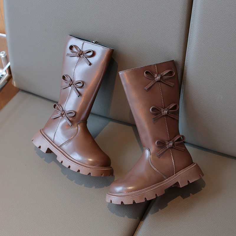 Girls Black Fashion Boots 2025 Autumn Winter Warm Kids Sweet Bow Knee-high Boots Simple Children Soft PU Leather Shoes for Girls XJ250812