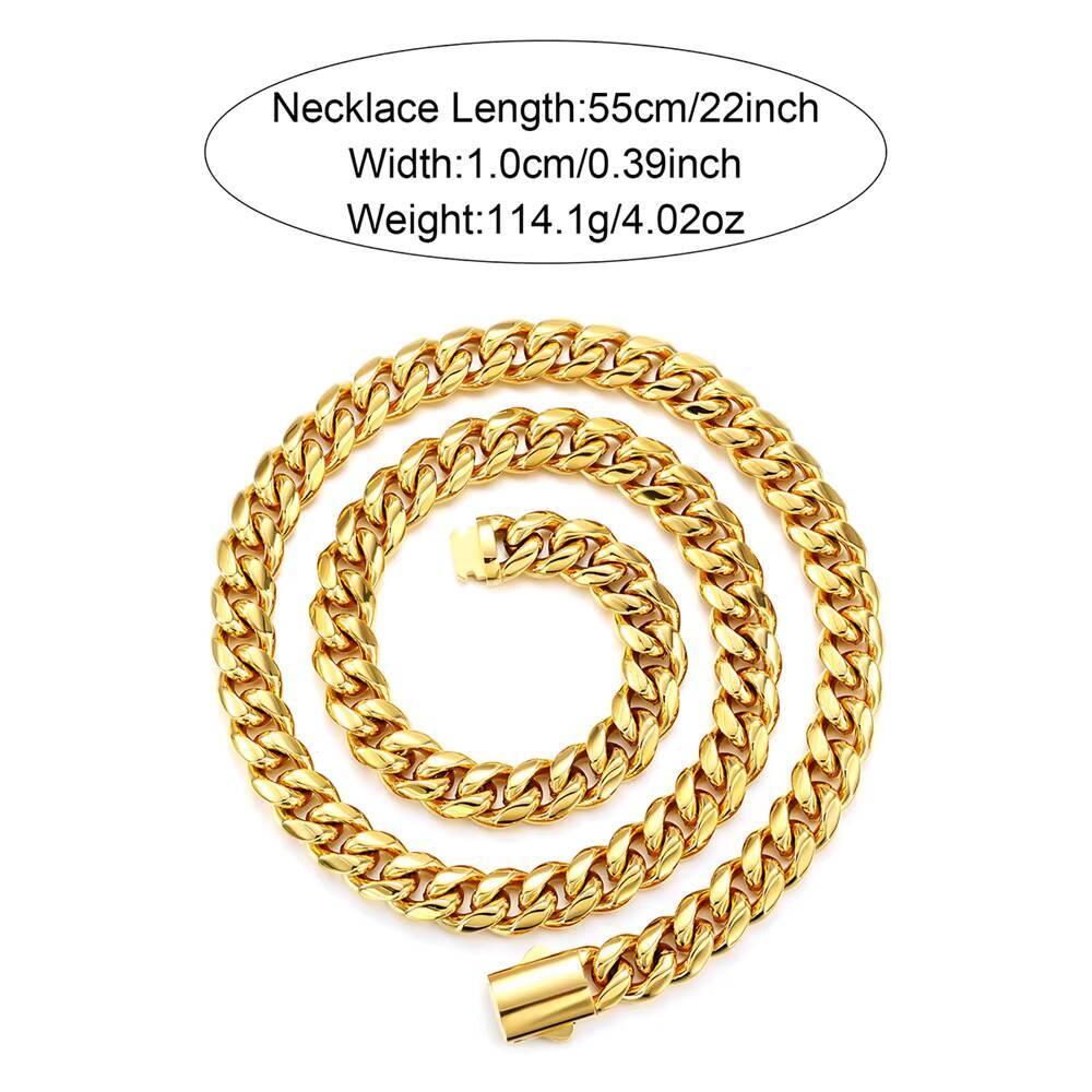 Classic High Polish Heavy Mens Hiphop Stainless Steel Chunky Maimi Curb Cuban Link Chain Men 18k Gold Plated Necklace