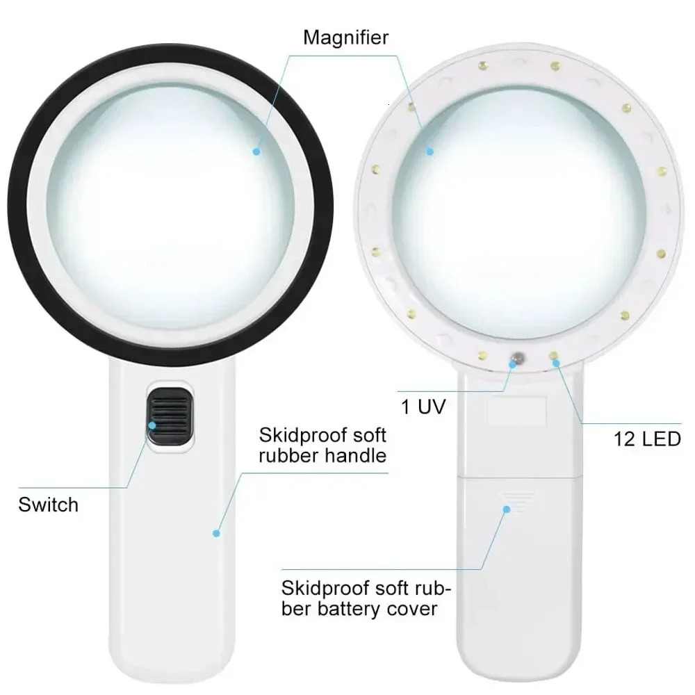 30X Handheld Illuminated Magnifying Glass with 12 LED Lights Reading Magnifier for Seniors Coins Insect Inspection Jewelry Loupe 250804