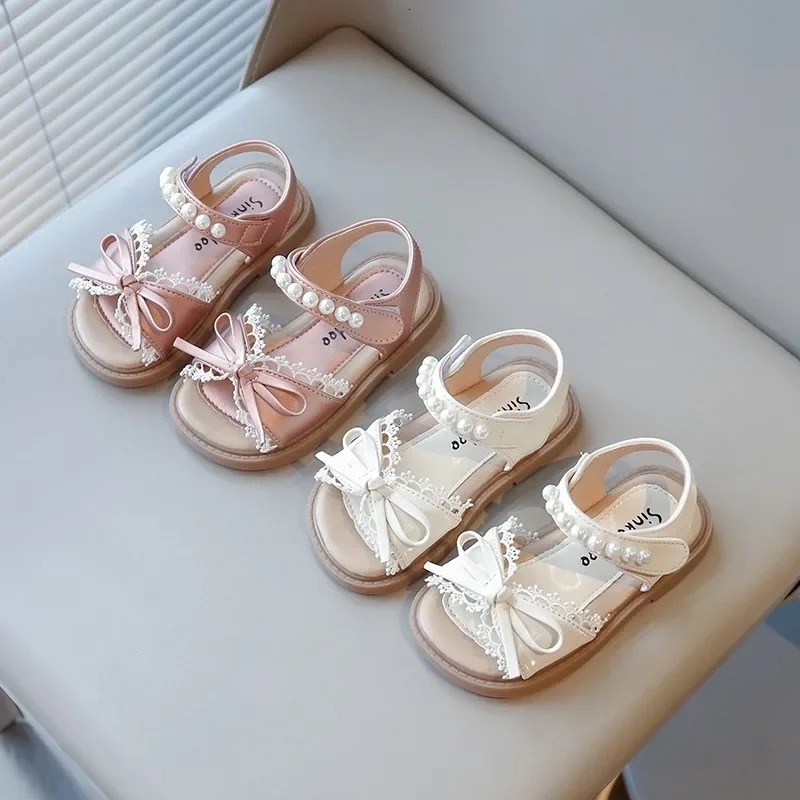 Toddler Kids Beach Shoes for Girls Princess Bowknot with Lace Children Pearl Beading Summer Sandals Elegant Sweet w250725