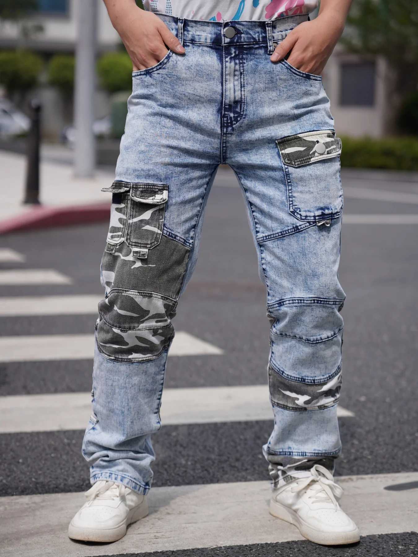 Mens Jeans Camouflage Patchwork Trendy Fashion Industrial Style Pocket Decoration Promotional Offer Free Shipping X250812