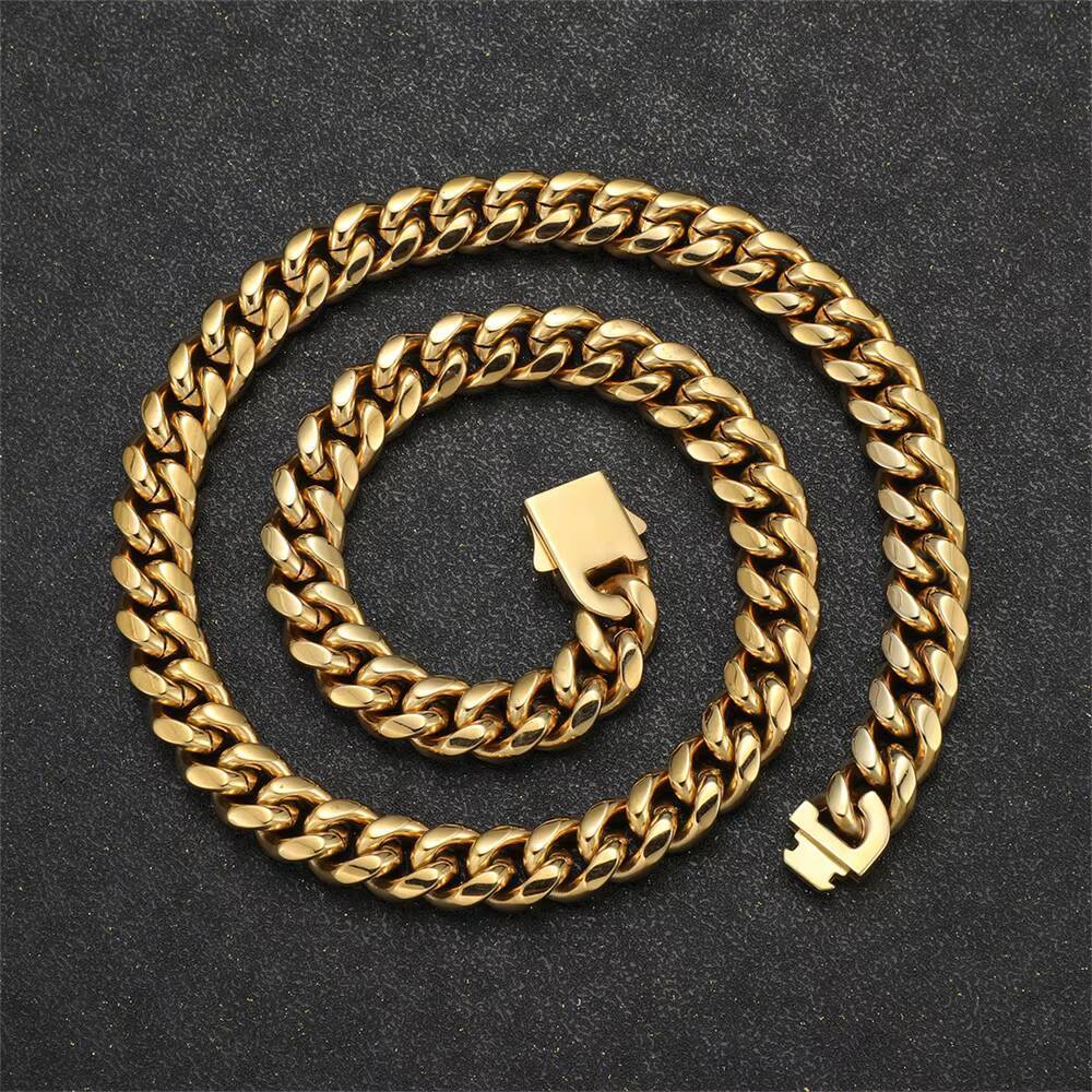 Real 18K Gold Plated Chain Jewelry Stainless Steel 12mm Solid Heavy Miami Cuban Link Curb Necklace for Men Women
