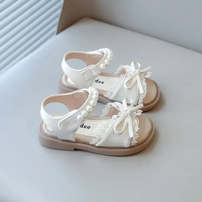 Toddler Kids Beach Shoes for Girls Princess Bowknot with Lace Children Pearl Beading Summer Sandals Elegant Sweet w250725