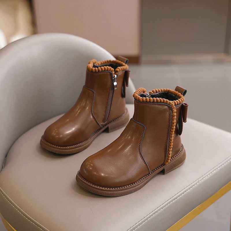 2024 New Girls Chelsea Leather Boots Round Head Anti-Slip Children Ankle Boots with Sweet Bow Girls Short Boots with Side Zip XJ250812