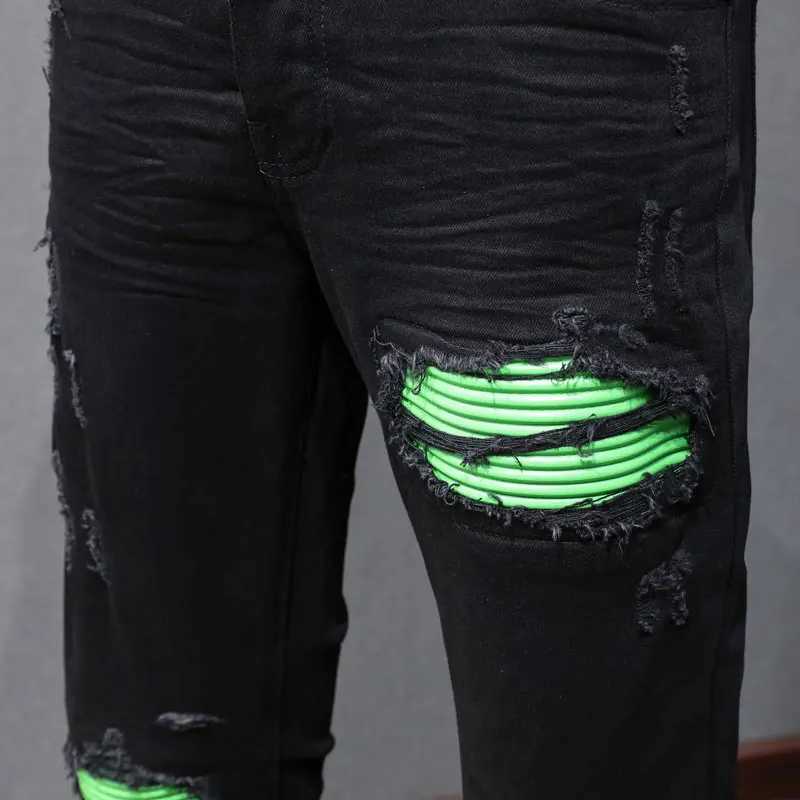 Fashionable new mens black jeans washed nostalgic stretchy slim fit green patch jeans high street designer hip-hop brand X250812