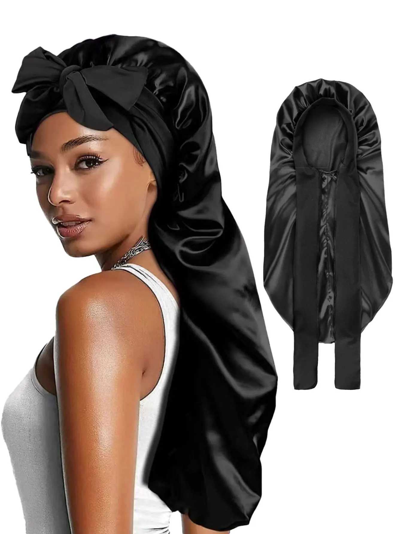 Long Satin Bow Nightcap Satin Lining with Elastic Band Womens Adjustable Long Braided Hat Suitable for Curly Hair and Round Face XJ250812